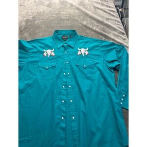 High Noon Mens XL Teal Western Pearl Snap Shirt Bull Skull Feather Embroidered